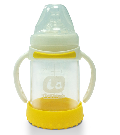 樂(lè)樂(lè)寶貝嬰幼兒直立帶柄黃色奶瓶