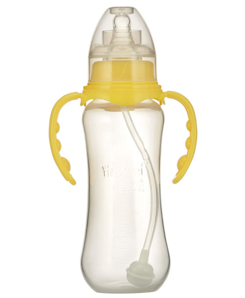 嬰之美標(biāo)口自動雙耳圓弧PP奶瓶300ML黃色
