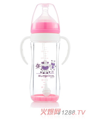 媽咪王子防爆晶鉆玻璃寬口220ml自動吸奶瓶 粉色